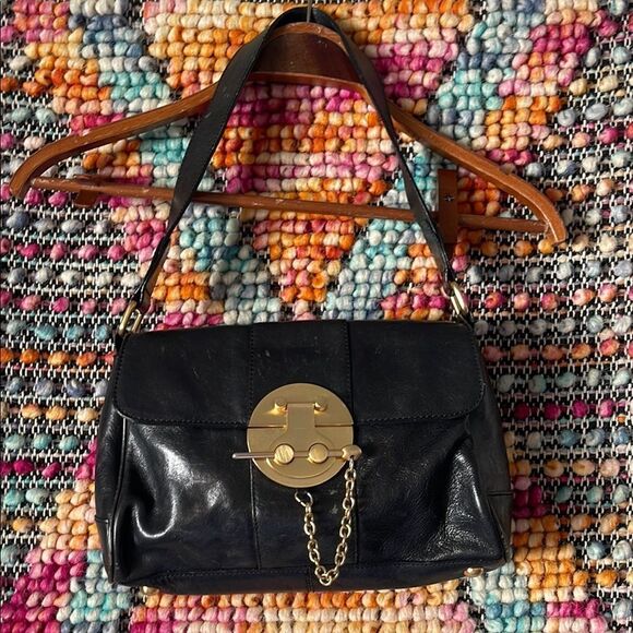 Black Leather Shoulder Bag with Gold Accents - Picture 1 of 7
